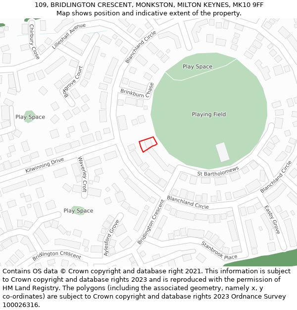 109, BRIDLINGTON CRESCENT, MONKSTON, MILTON KEYNES, MK10 9FF: Location map and indicative extent of plot