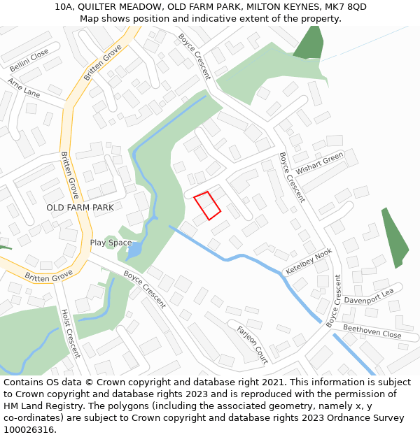 10A, QUILTER MEADOW, OLD FARM PARK, MILTON KEYNES, MK7 8QD: Location map and indicative extent of plot