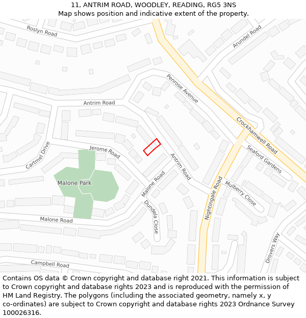 11, ANTRIM ROAD, WOODLEY, READING, RG5 3NS: Location map and indicative extent of plot