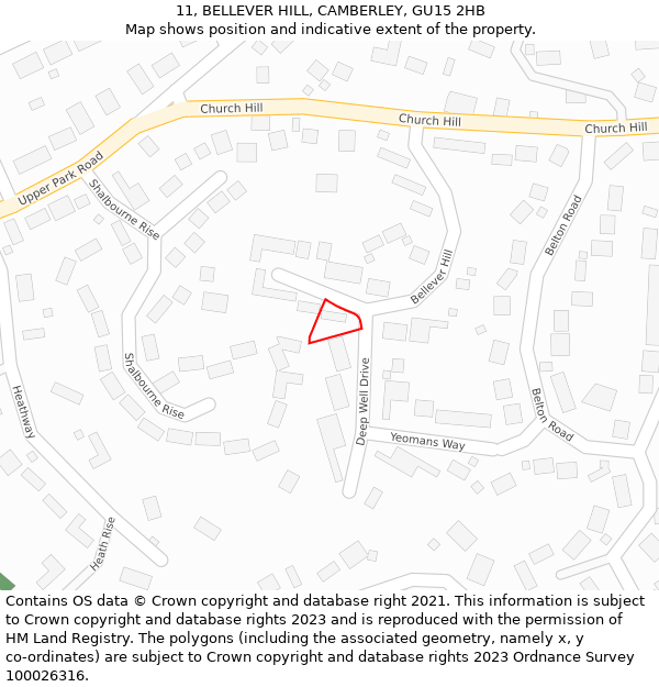 11, BELLEVER HILL, CAMBERLEY, GU15 2HB: Location map and indicative extent of plot