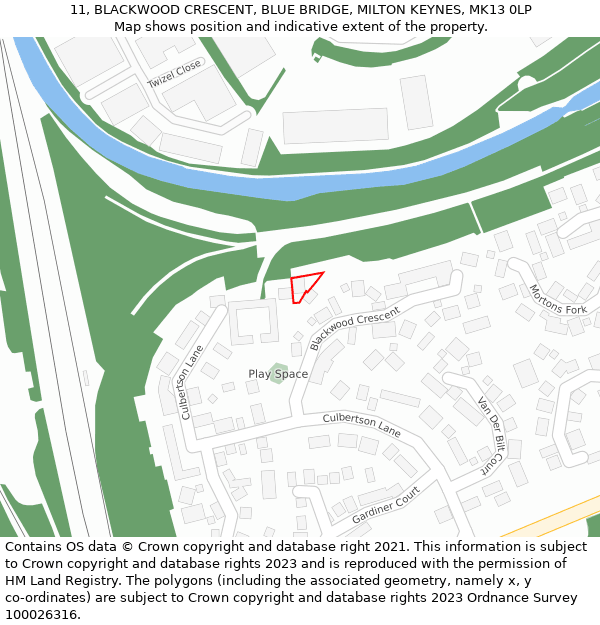 11, BLACKWOOD CRESCENT, BLUE BRIDGE, MILTON KEYNES, MK13 0LP: Location map and indicative extent of plot