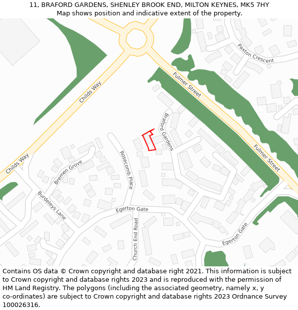 11, BRAFORD GARDENS, SHENLEY BROOK END, MILTON KEYNES, MK5 7HY: Location map and indicative extent of plot