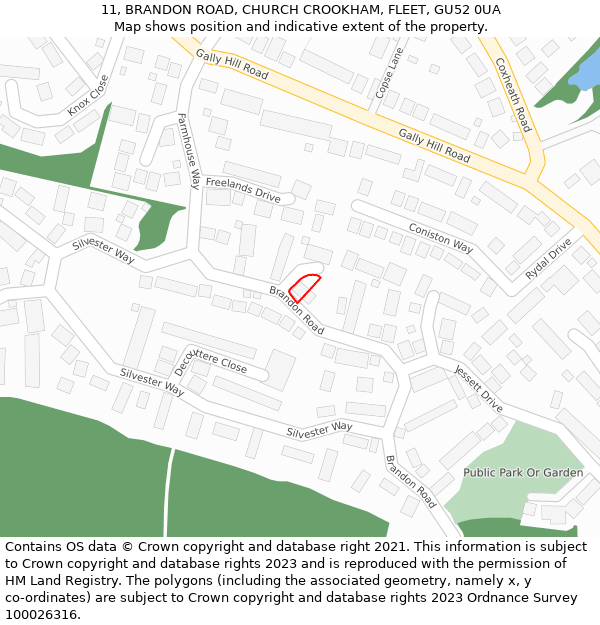 11, BRANDON ROAD, CHURCH CROOKHAM, FLEET, GU52 0UA: Location map and indicative extent of plot