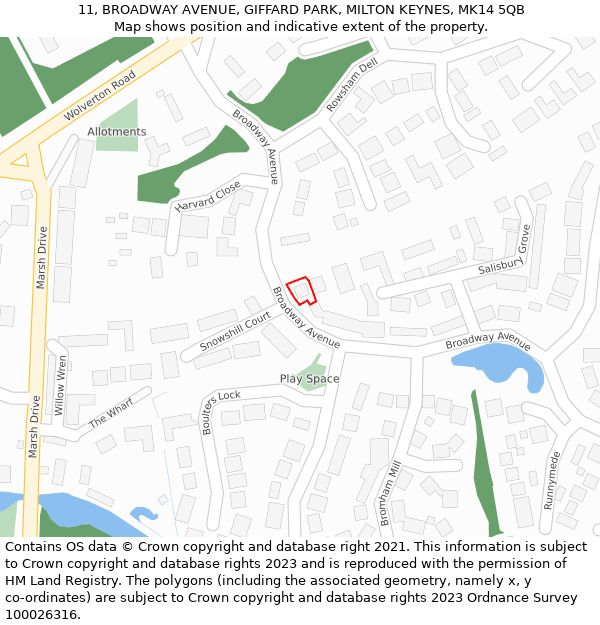 11, BROADWAY AVENUE, GIFFARD PARK, MILTON KEYNES, MK14 5QB: Location map and indicative extent of plot