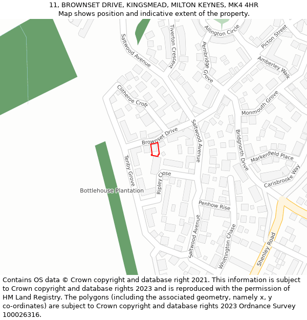 11, BROWNSET DRIVE, KINGSMEAD, MILTON KEYNES, MK4 4HR: Location map and indicative extent of plot
