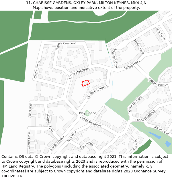 11, CHARISSE GARDENS, OXLEY PARK, MILTON KEYNES, MK4 4JN: Location map and indicative extent of plot