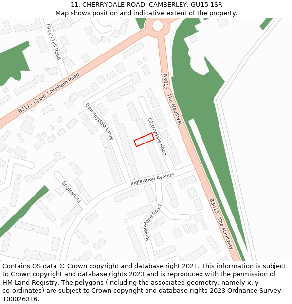 11, CHERRYDALE ROAD, CAMBERLEY, GU15 1SR: Location map and indicative extent of plot