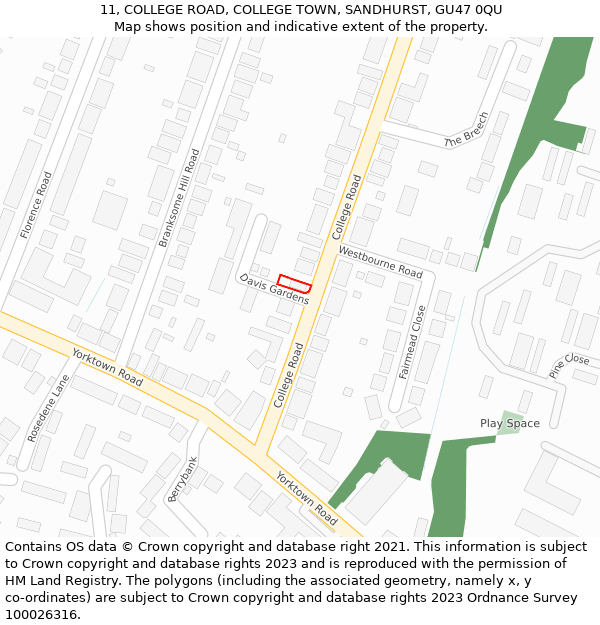 11, COLLEGE ROAD, COLLEGE TOWN, SANDHURST, GU47 0QU: Location map and indicative extent of plot