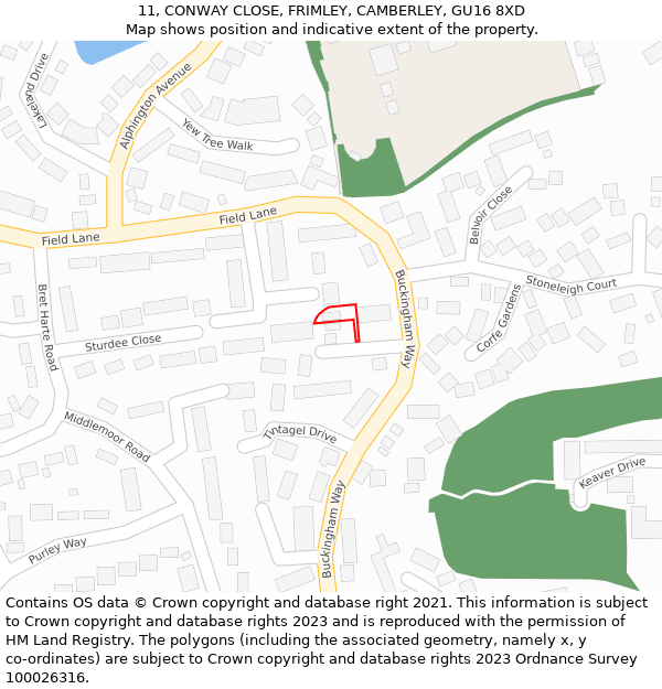 11, CONWAY CLOSE, FRIMLEY, CAMBERLEY, GU16 8XD: Location map and indicative extent of plot