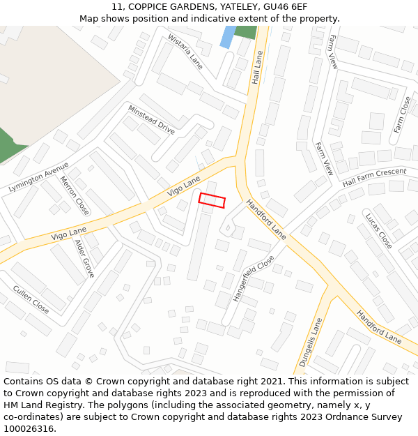 11, COPPICE GARDENS, YATELEY, GU46 6EF: Location map and indicative extent of plot