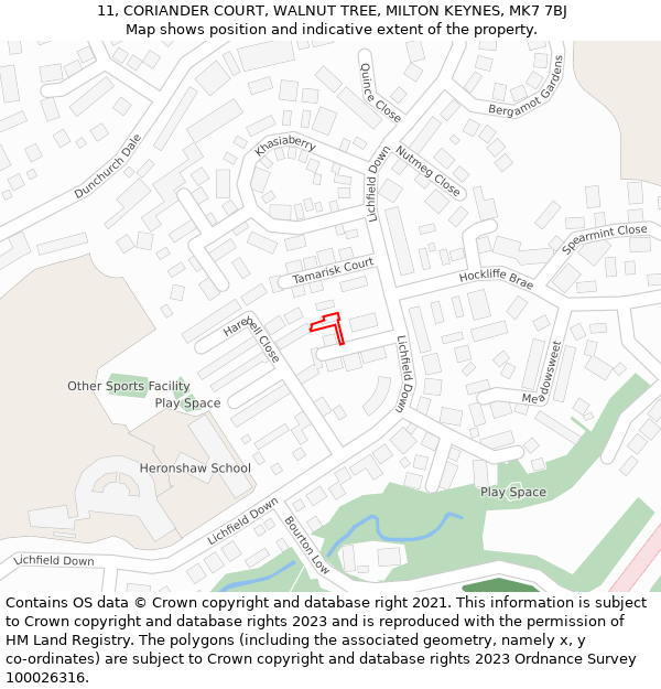 11, CORIANDER COURT, WALNUT TREE, MILTON KEYNES, MK7 7BJ: Location map and indicative extent of plot