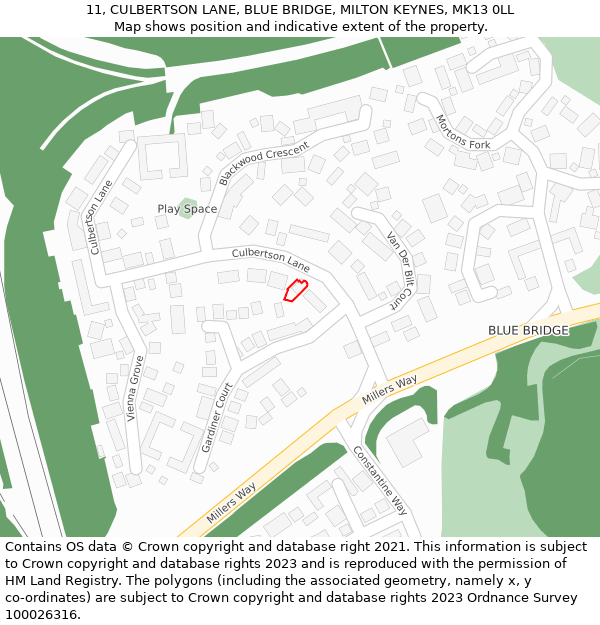 11, CULBERTSON LANE, BLUE BRIDGE, MILTON KEYNES, MK13 0LL: Location map and indicative extent of plot