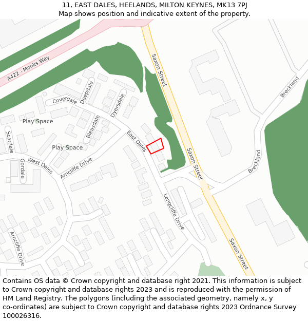 11, EAST DALES, HEELANDS, MILTON KEYNES, MK13 7PJ: Location map and indicative extent of plot