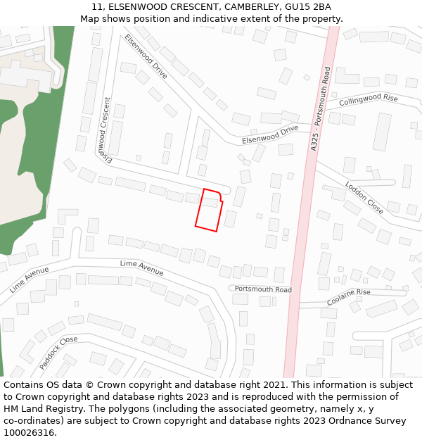 11, ELSENWOOD CRESCENT, CAMBERLEY, GU15 2BA: Location map and indicative extent of plot