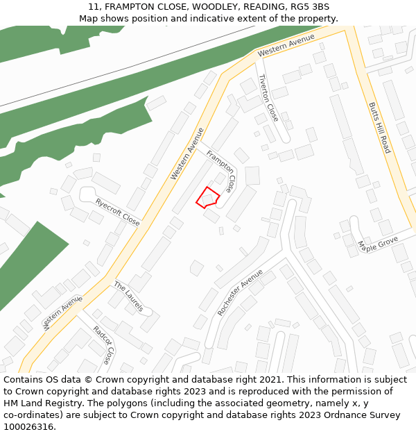 11, FRAMPTON CLOSE, WOODLEY, READING, RG5 3BS: Location map and indicative extent of plot