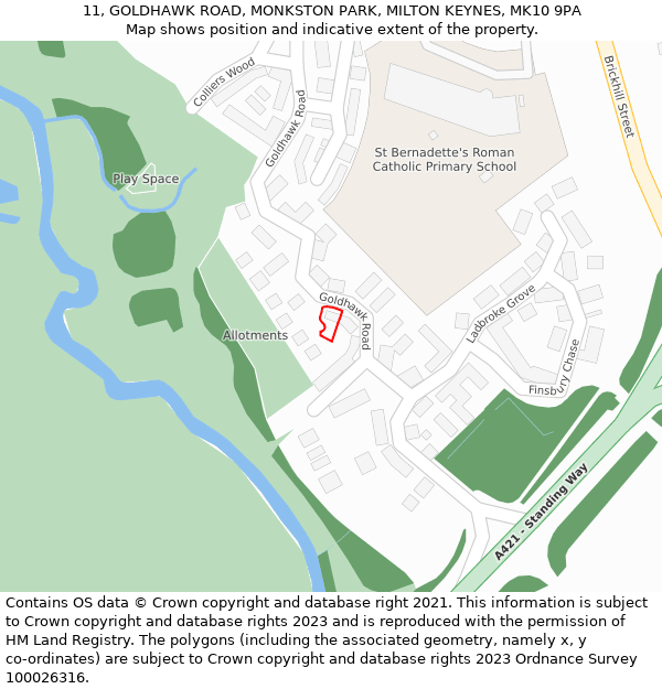 11, GOLDHAWK ROAD, MONKSTON PARK, MILTON KEYNES, MK10 9PA: Location map and indicative extent of plot