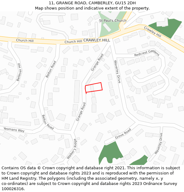 11, GRANGE ROAD, CAMBERLEY, GU15 2DH: Location map and indicative extent of plot