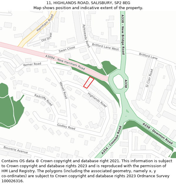 11, HIGHLANDS ROAD, SALISBURY, SP2 8EG: Location map and indicative extent of plot