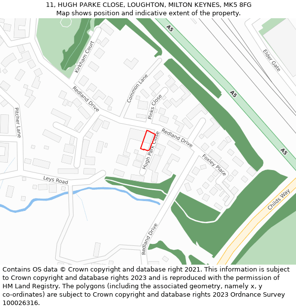 11, HUGH PARKE CLOSE, LOUGHTON, MILTON KEYNES, MK5 8FG: Location map and indicative extent of plot