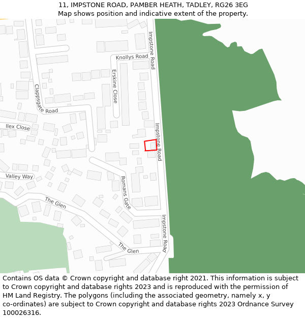 11, IMPSTONE ROAD, PAMBER HEATH, TADLEY, RG26 3EG: Location map and indicative extent of plot