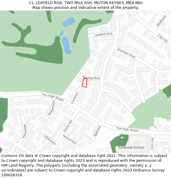 11, LEAFIELD RISE, TWO MILE ASH, MILTON KEYNES, MK8 8BU: Location map and indicative extent of plot