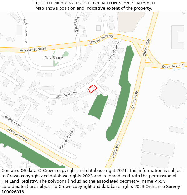 11, LITTLE MEADOW, LOUGHTON, MILTON KEYNES, MK5 8EH: Location map and indicative extent of plot