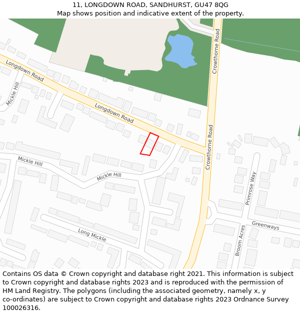 11, LONGDOWN ROAD, SANDHURST, GU47 8QG: Location map and indicative extent of plot