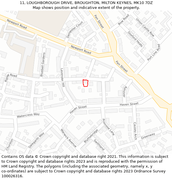 11, LOUGHBOROUGH DRIVE, BROUGHTON, MILTON KEYNES, MK10 7DZ: Location map and indicative extent of plot