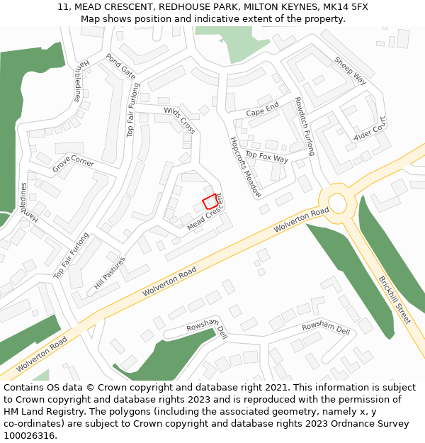 11, MEAD CRESCENT, REDHOUSE PARK, MILTON KEYNES, MK14 5FX: Location map and indicative extent of plot