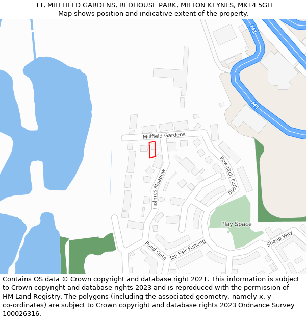 11, MILLFIELD GARDENS, REDHOUSE PARK, MILTON KEYNES, MK14 5GH: Location map and indicative extent of plot