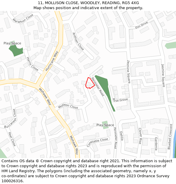 11, MOLLISON CLOSE, WOODLEY, READING, RG5 4XG: Location map and indicative extent of plot