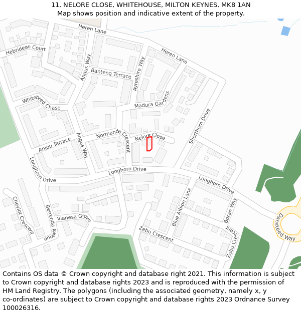 11, NELORE CLOSE, WHITEHOUSE, MILTON KEYNES, MK8 1AN: Location map and indicative extent of plot