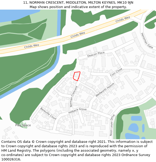 11, NORMAN CRESCENT, MIDDLETON, MILTON KEYNES, MK10 9JN: Location map and indicative extent of plot