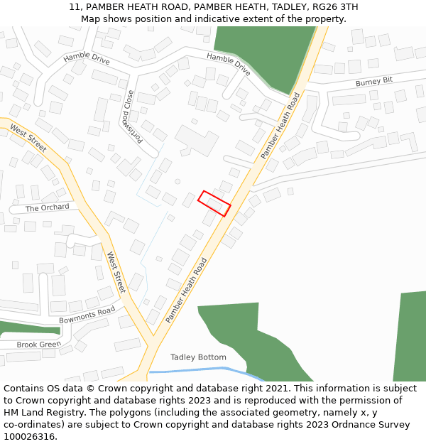 11, PAMBER HEATH ROAD, PAMBER HEATH, TADLEY, RG26 3TH: Location map and indicative extent of plot