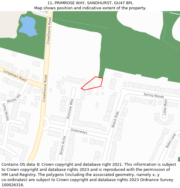11, PRIMROSE WAY, SANDHURST, GU47 8PL: Location map and indicative extent of plot