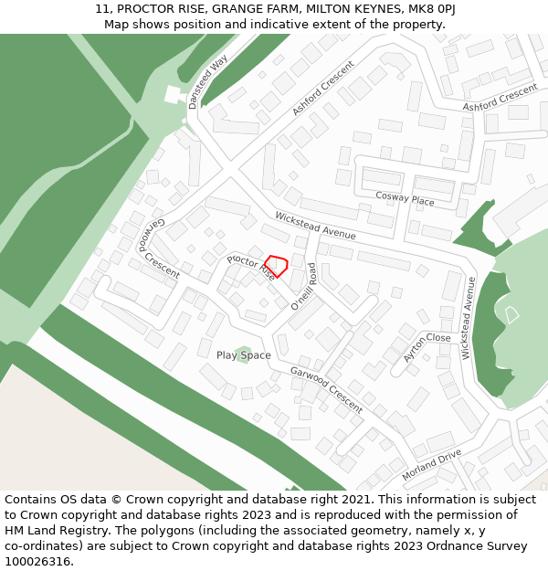 11, PROCTOR RISE, GRANGE FARM, MILTON KEYNES, MK8 0PJ: Location map and indicative extent of plot