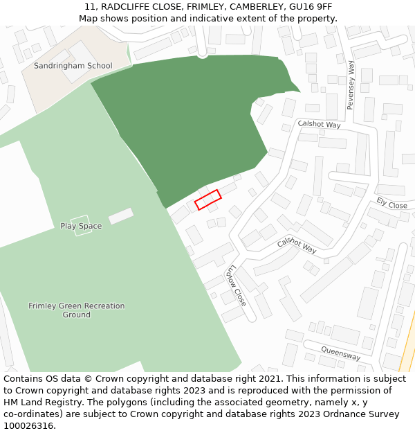 11, RADCLIFFE CLOSE, FRIMLEY, CAMBERLEY, GU16 9FF: Location map and indicative extent of plot