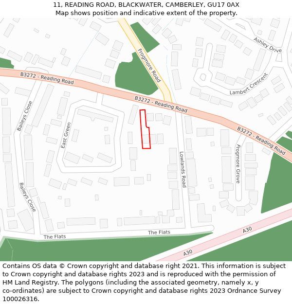 11, READING ROAD, BLACKWATER, CAMBERLEY, GU17 0AX: Location map and indicative extent of plot