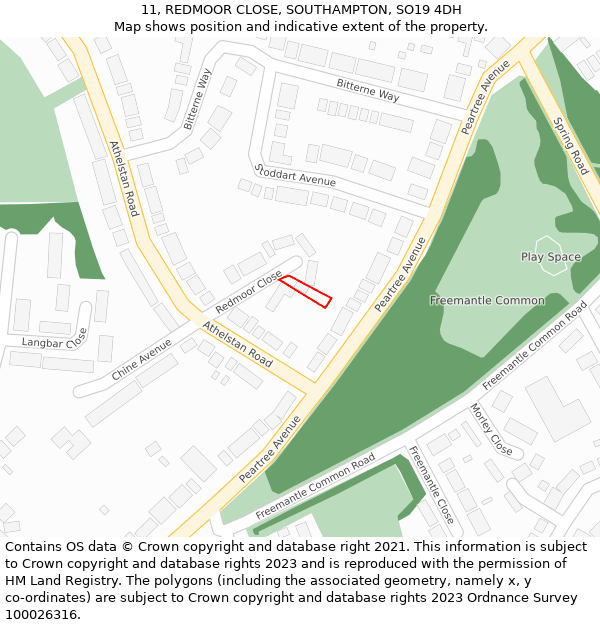 11, REDMOOR CLOSE, SOUTHAMPTON, SO19 4DH: Location map and indicative extent of plot