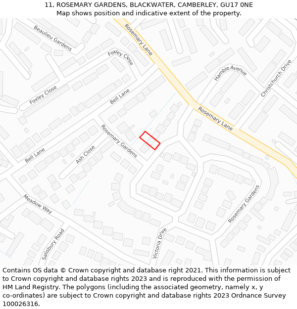 11, ROSEMARY GARDENS, BLACKWATER, CAMBERLEY, GU17 0NE: Location map and indicative extent of plot