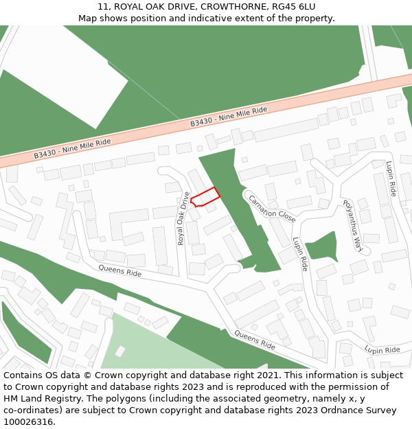 11, ROYAL OAK DRIVE, CROWTHORNE, RG45 6LU: Location map and indicative extent of plot