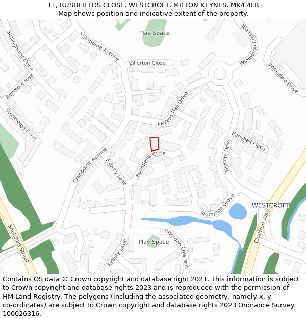 11, RUSHFIELDS CLOSE, WESTCROFT, MILTON KEYNES, MK4 4FR: Location map and indicative extent of plot