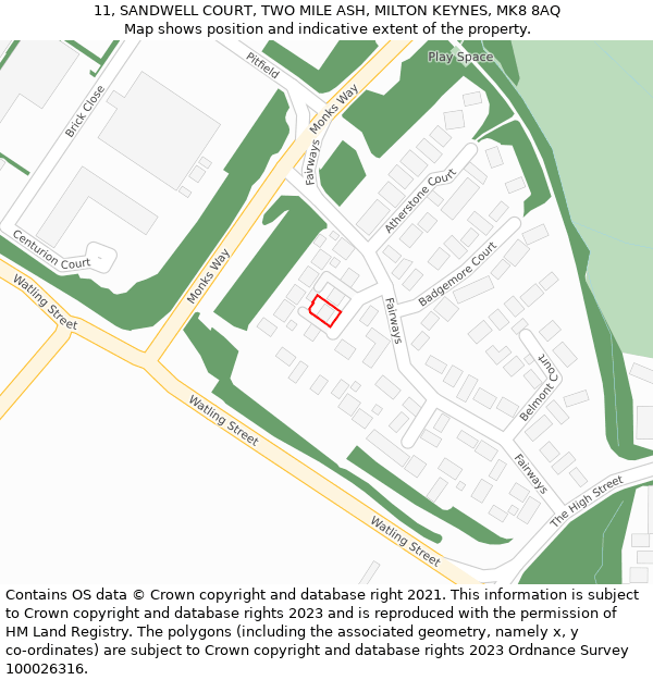 11, SANDWELL COURT, TWO MILE ASH, MILTON KEYNES, MK8 8AQ: Location map and indicative extent of plot