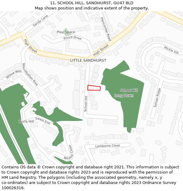 11, SCHOOL HILL, SANDHURST, GU47 8LD: Location map and indicative extent of plot