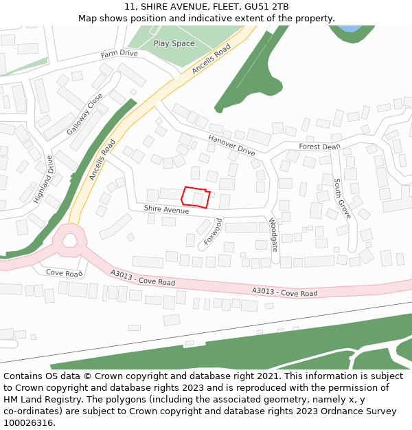 11, SHIRE AVENUE, FLEET, GU51 2TB: Location map and indicative extent of plot