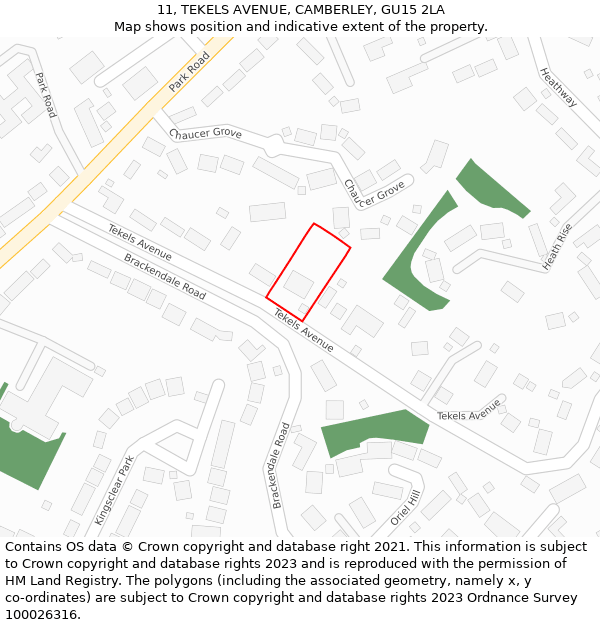 11, TEKELS AVENUE, CAMBERLEY, GU15 2LA: Location map and indicative extent of plot