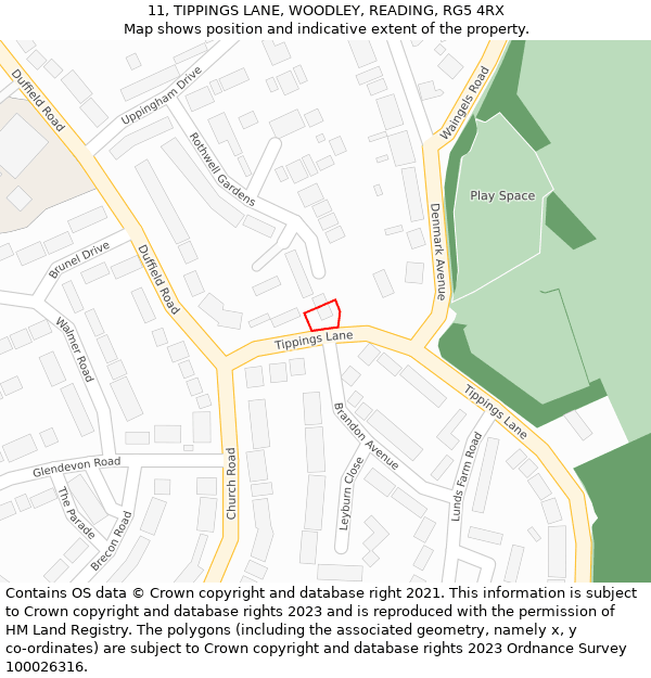 11, TIPPINGS LANE, WOODLEY, READING, RG5 4RX: Location map and indicative extent of plot