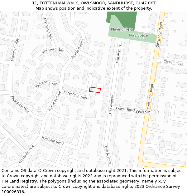 11, TOTTENHAM WALK, OWLSMOOR, SANDHURST, GU47 0YT: Location map and indicative extent of plot