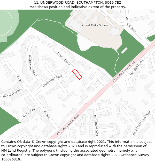 11, UNDERWOOD ROAD, SOUTHAMPTON, SO16 7BZ: Location map and indicative extent of plot