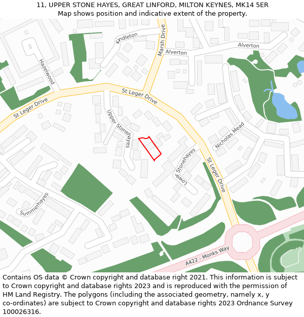 11, UPPER STONE HAYES, GREAT LINFORD, MILTON KEYNES, MK14 5ER: Location map and indicative extent of plot